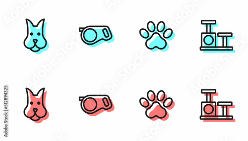 Set line Paw print, Dog, Retractable cord leash and Cat scratching post with toy icon. Vector