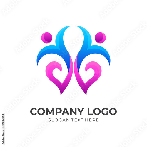 human love logo template, people and love combination logo with 3d blue and pink color style