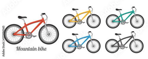Mountain bike or speed sport bicycle icon set. Biking activity, rental, repair cycles in city. MTB for extreme downhill ride. Ecological transport for street road travel. Healthy cycling trip. Vector