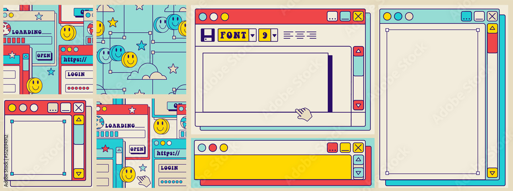 Retro Fun groovy user interface. Frames for slogan, template for square social media post, seamless patterns.Old screen, user interface. Vintage desktop windows and boxes.