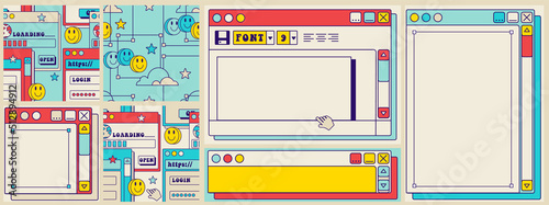 Retro Fun groovy user interface. Frames for slogan, template for square social media post, seamless patterns.Old screen, user interface. Vintage desktop windows and boxes.