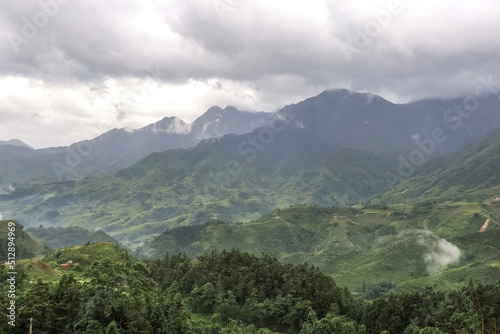 Morning fog cloudy sky and mountain ranges in Sapa Lao Cai Province north-west Vietnam.