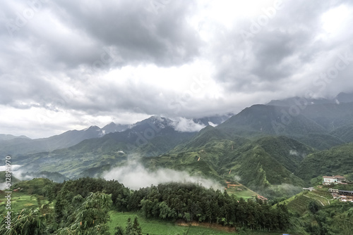 Morning fog,cloudy sky and mountain ranges in Sapa,Lao Cai Province,north-west Vietnam.