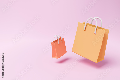 Paper bags on ping background. Online shopping concept. 3d render illustration photo