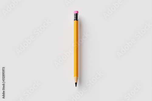 Realistic yellow pencil pointed with pink rubber band on white background, 3D illustration