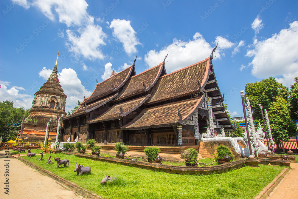Chiang Mai,Thailand on September15,2019:Lanna style viharn(assembly hall) and old chedi of Wat Lok Moli (Wat Lok Molee). Chiang Mai,Thailand on September15,2019:Lanna style viharn(assembly hall) and old chedi of Wat Lok Moli (Wat Lok Molee).