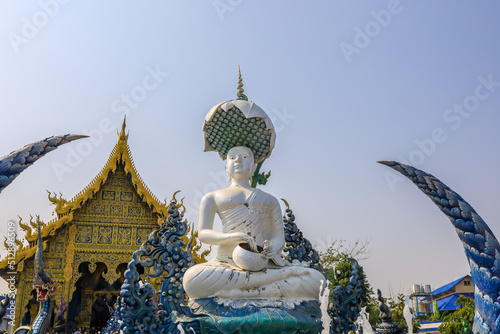 Chiang Rai Blue Temple or Wat Rong Suea Ten is located in Rimkok district Chiang Rai.It is above all its magnificent blue interior with a large white Buddha that marks the spirits.The paintings are re