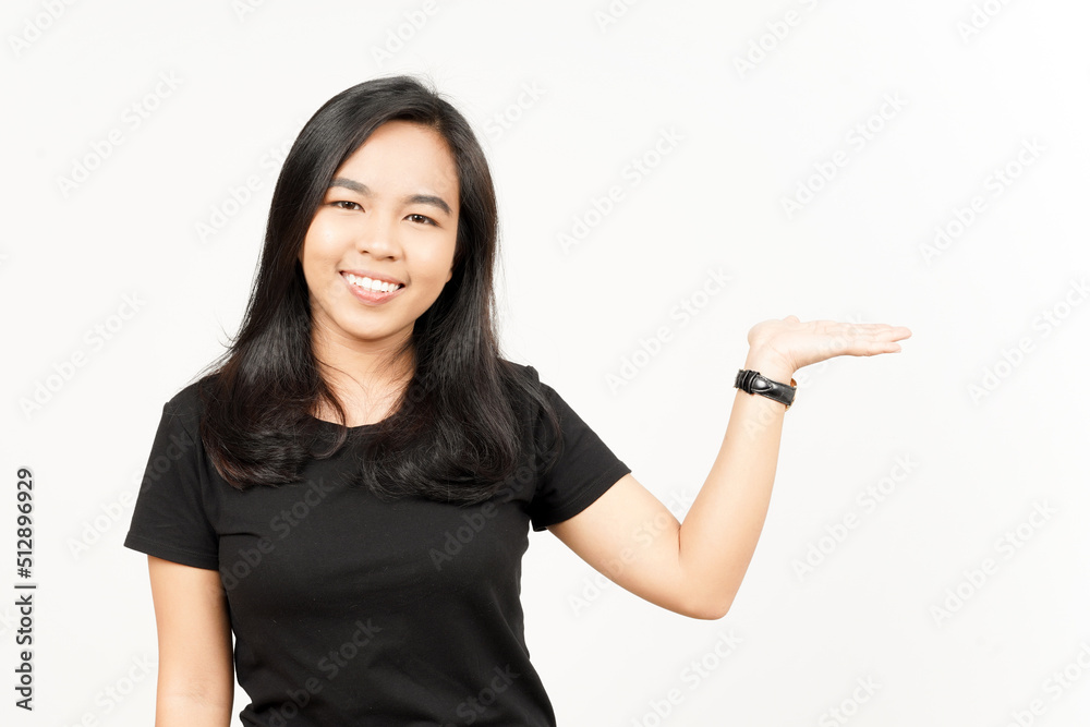 Showing and Presenting Product on Open Palm of Beautiful Asian Woman Isolated On White Background Showing and Presenting Product on Open Palm of Beautiful Asian Woman Isolated On White Background