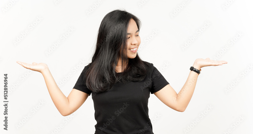Presenting and Showing Two Product on Open Palm of Beautiful Asian Woman Isolated On White Presenting and Showing Two Product on Open Palm of Beautiful Asian Woman Isolated On White