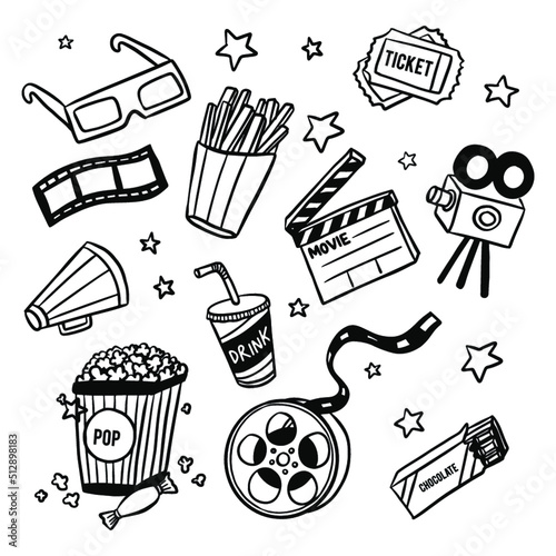 Cinema Movie Doodles, set of vector hand drawing icons illustration