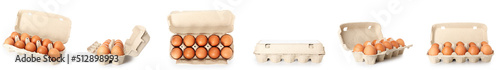 Foto Set of cardboard boxes with chicken eggs isolated on white