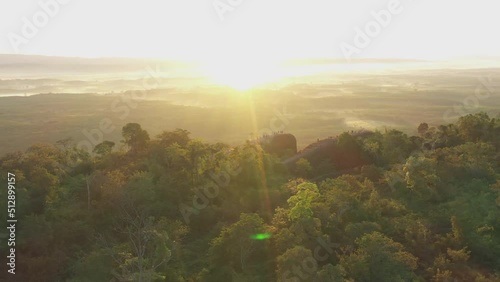 Aerial top view of Three whale stones in Phu Sing National Country park in Bueng Kan, Thailand. Drone shot 3 big rocks on the mountain looks like whale family that's why people call 