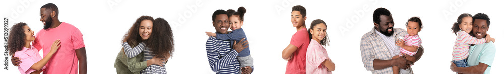 Set of happy African-American family members isolated on white Set of happy African-American family members isolated on white