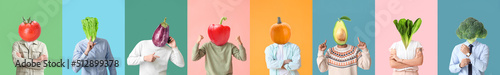 Set of people with fresh vegetables instead of their heads on color background