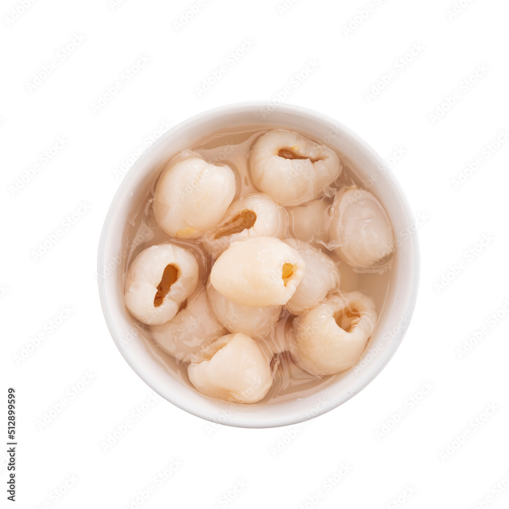 Canned lychees in syrup in bowl isolated on white Canned lychees in syrup in bowl isolated on white