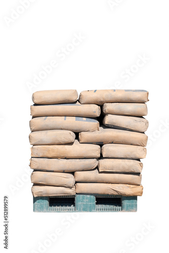 Cement powder bags stacked on pallet isolated on white background