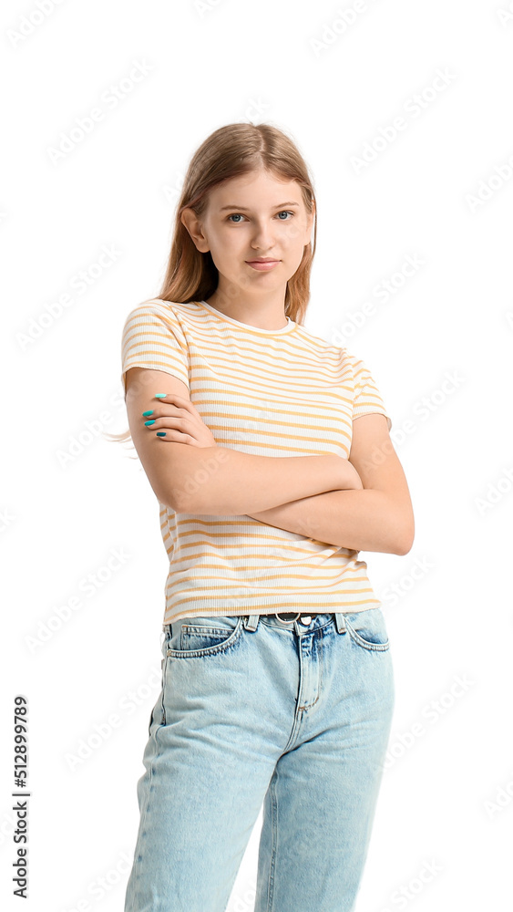 Pretty teenage girl in striped t-shirt on white background Pretty teenage girl in striped t-shirt on white background