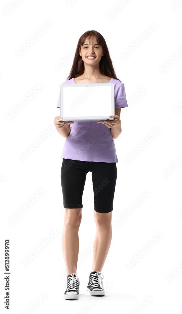 Teenage girl with laptop on white background Teenage girl with laptop on white background