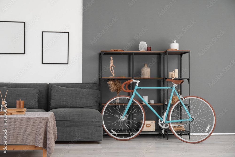 Interior of modern living room with bicycle, black sofa and shelving unit
