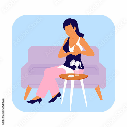 Beautiful Mom expression with a breast pump. Lactation, breastfeeding woman. Business mother. Vector illustration