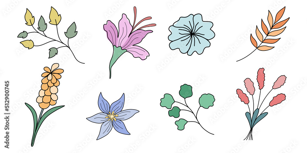 Set of flowers and leaf elements designed in doodle style on white background. It can be adapted to a wide variety of applications such as card, bag design, scrapbook, wedding, digital printing.