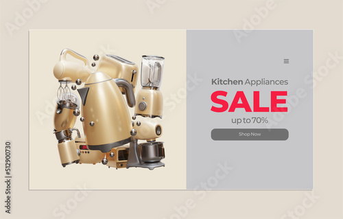 Kitchen Appliances Sale Web Page Template With Kettle 3D Illustration