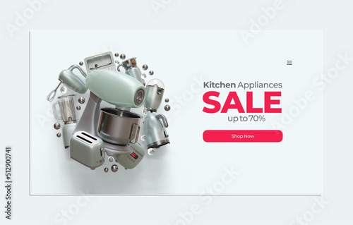 Kitchen Landing Page Template With Stand Mixer 3D Render Illustration