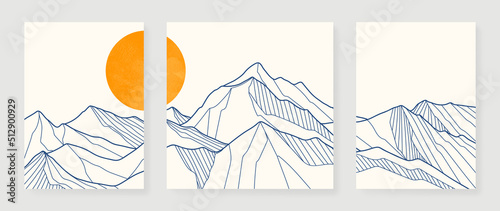 Set of abstract mountain wall art vector. Hills, panorama view, line mountains, sunset in line art. Collection of landscape wall decoration perfect for decorative, interior, prints, banner.