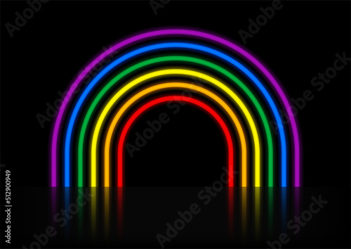 Rainbow neon light arch glowing on black background. Vector illustration.