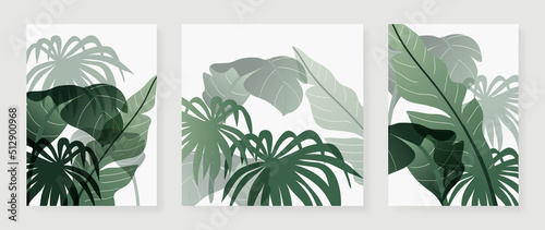 Set of abstract botanical wall art vector. Tropical plants, leaf branches, palm, monstera, foliage. Collection of botanical wall decoration perfect for decorative, interior, prints, banner.