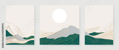 Set of abstract mountain wall art vector. Hills, panorama view, line mountains, sunset in line art. Collection of luxury landscape wall decoration perfect for decorative, interior, prints, banner.