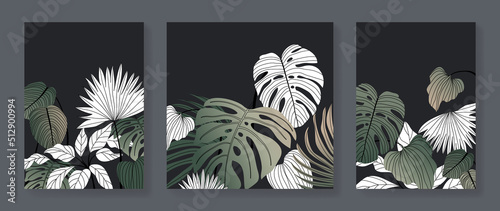 Set of abstract botanical wall art vector. Tropical plants, leaf branches, palm, monstera, foliage. Collection of botanical wall decoration perfect for decorative, interior, prints, banner.