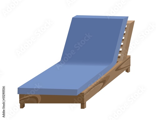 Wooden sun bed with blue mattress isolated on white background