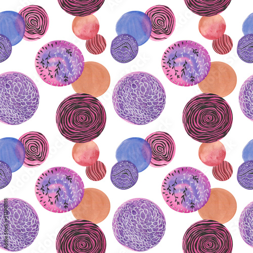 Watercolor circles abstract pattern. Pink  purple circles on a white background . Repeating geometric pattern with texture . Blank for printing , fabric , textiles , packaging