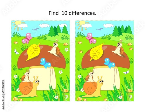 Find ten differences picture puzzle with big yummy mushroom and mom and kids snails
