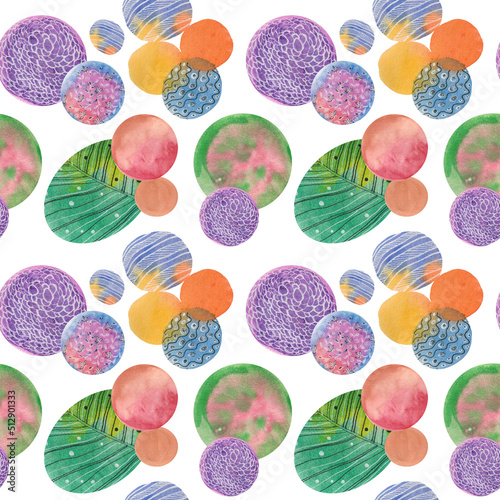 Watercolor circles abstract pattern. Bright circles on a white background . Repeating geometric pattern with texture . Blank for printing , fabric , textiles , packaging