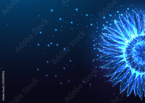 Concept of fantasy flower, sunflower banner in futuristic glowing low polygonal style on dark blue 