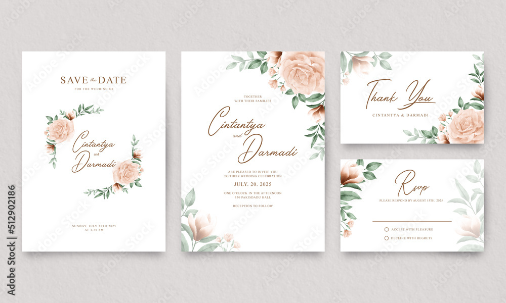 Elegant set of wedding invitation templates set with watercolor floral