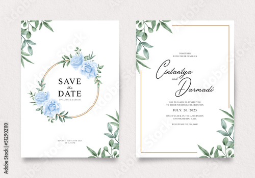 Double sided wedding invitation template with blue roses and leaves