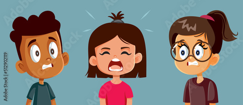 Little Girl Having a Meltdown in front of her Friends Vector Cartoon. Child being alienated for poor social skills and angry behavior
