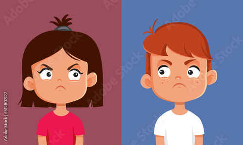 Little Boy and Girl Angry at Each Other Vector Cartoon Illustration. Rival siblings feeling envious and grumpy fighting all the time
