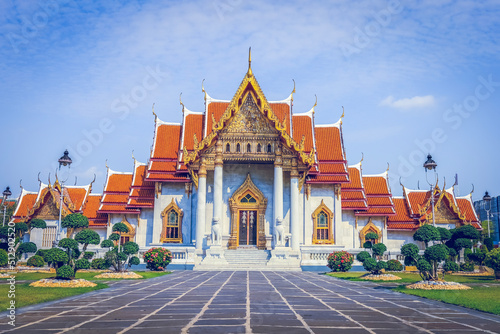 Bangkok Thailand on May 1 2020 Beautiful landscape of Wat Benchamabophit Dusitvanaram the marble temple .