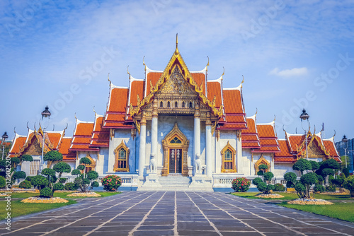 Photography Bangkok,Thailand on May 1,2020:Beautiful landscape of Wat Benchamabophit Dusitvanaram(the marble temple)