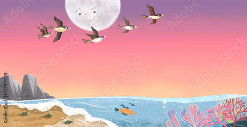 illustration of big moon evening at the beach with birds, turtles and fish