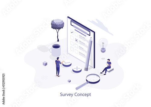 Online survey concept with characters. Can use for web banner, infographics. Flat isometric vector illustration isolated on white background.