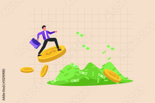 Businessman riding on gold coins towards pile of money. Business success concept. Colored flat vector illustration isolated.