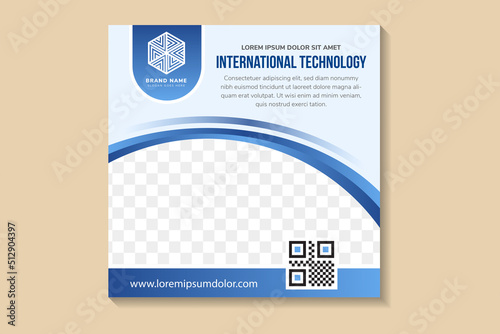 Modern design international technology conference banner for social media post template. diagonal curve blue gradient on elements. Space for photo and text. soft blue background with square layout.