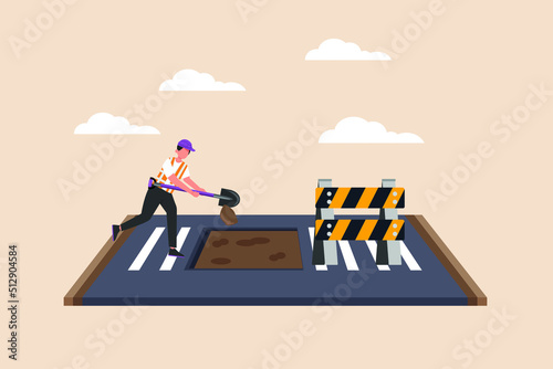 Construction worker digging on the road. Road or traffic concept. Flat vector illustration isolated. 