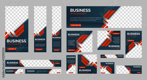 set of creative web banners of standard size with a place for photos. Gradient black. Business ad banner. Vertical, horizontal and square template.