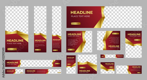 Business banner design web template Set, Horizontal header web banner. Red and Gold. cover header background for website design, Social Media Cover ads banner, flyer, invitation card
